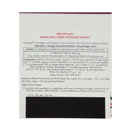 Buy HUMALOG 100IU CARTRIDGE Online at Classic Medico